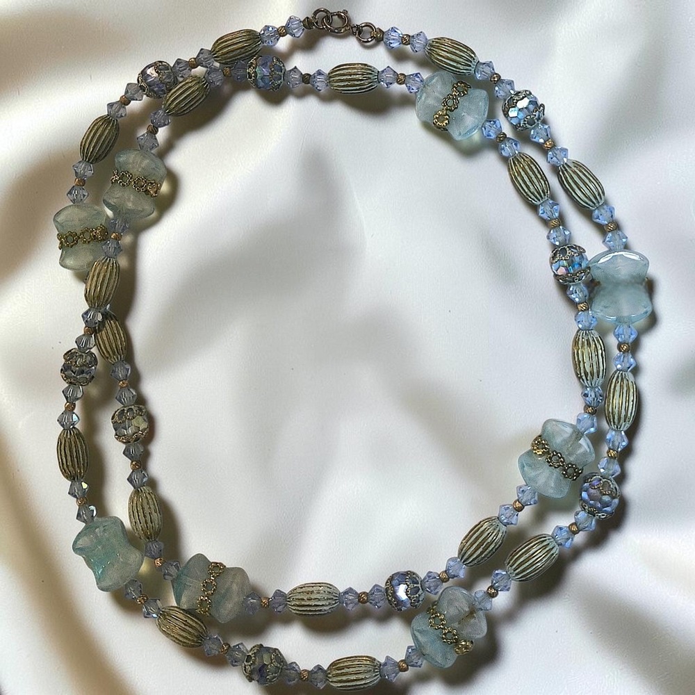 Vintage Mid Century Aqua Glass & Crystal 33" Necklace - Picture 2 of 11